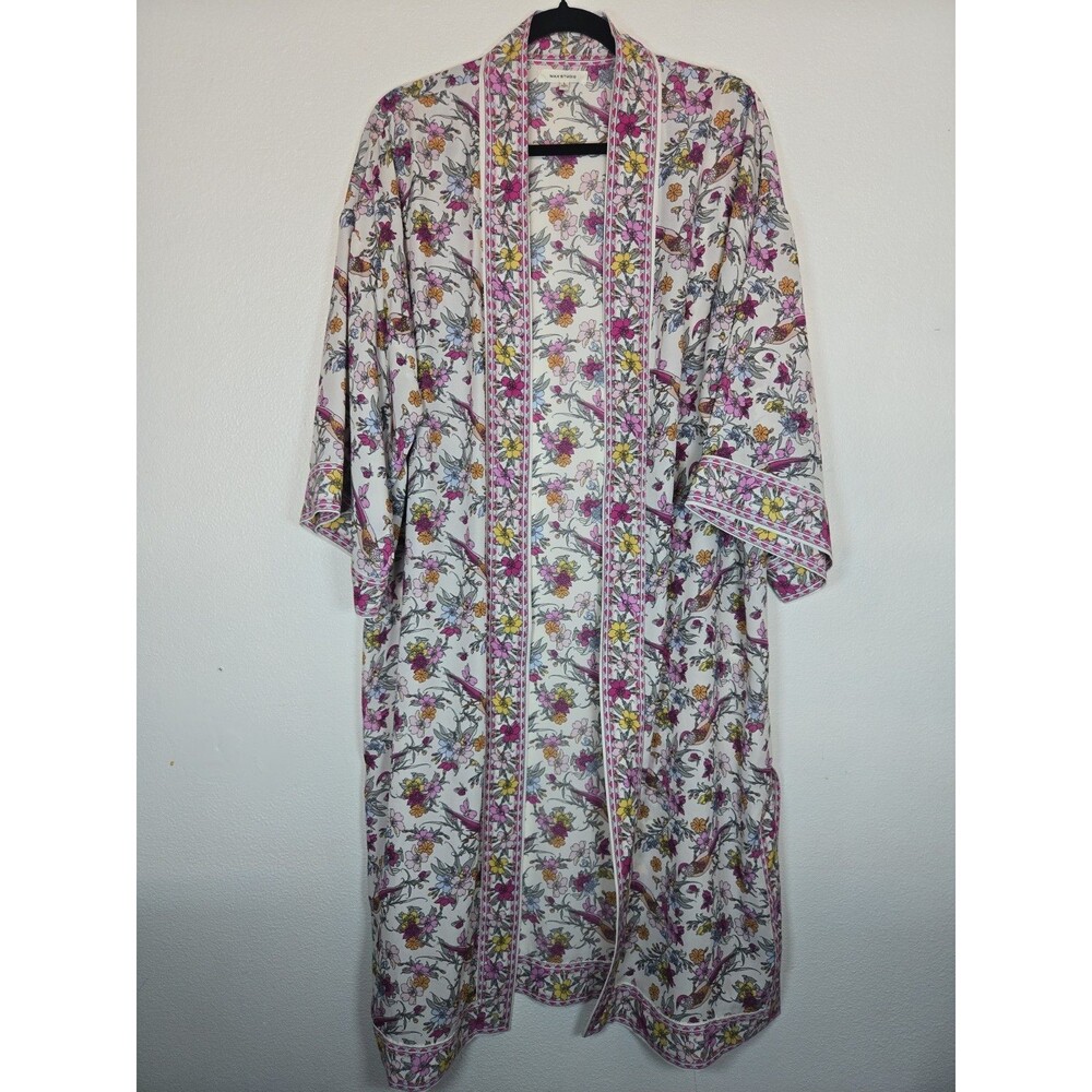 Max Studio Floral Bird Long Kimono Duster  Open Front Boho Cream Large L
